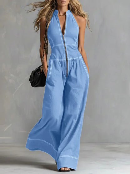 Sleeveless Wide Leg Zipper Jumpsuit