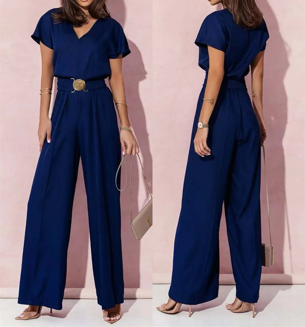 Women's Elegant V-Neck Wide Leg Jumpsuit