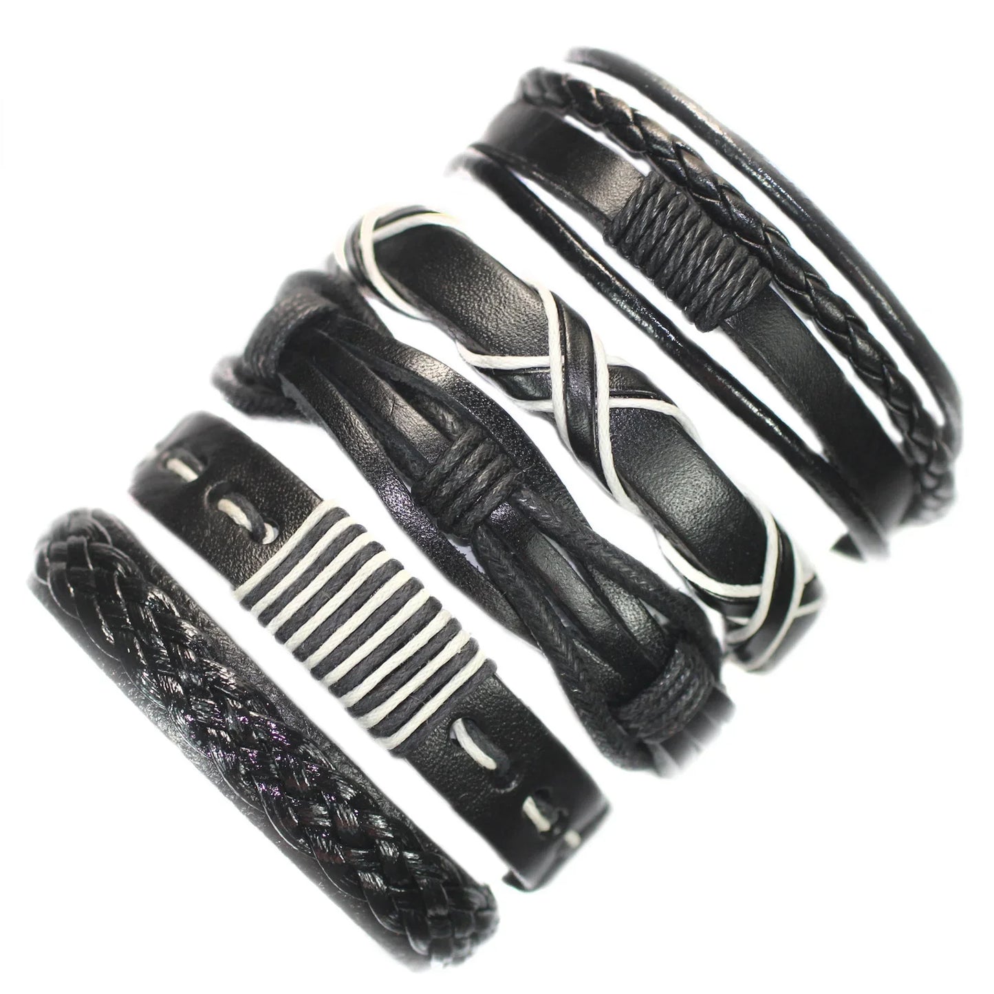 Set of black leather bracelets with various designs on a white background