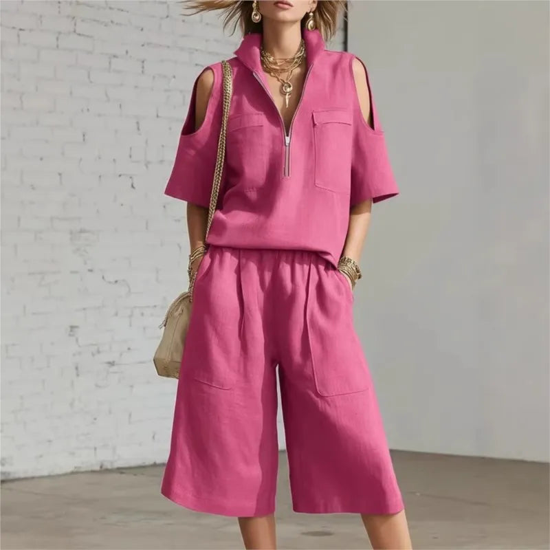 Cold Shoulder Zip Two-Piece Linen Set