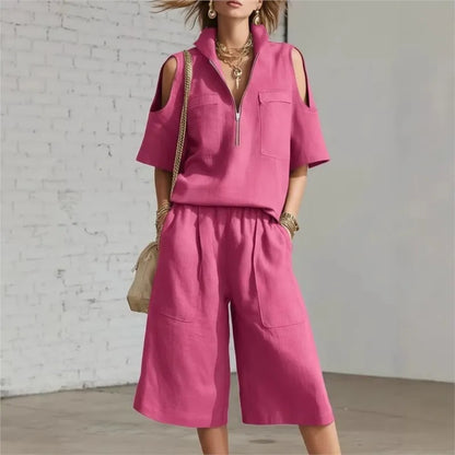 Cold Shoulder Zip Two-Piece Linen Set