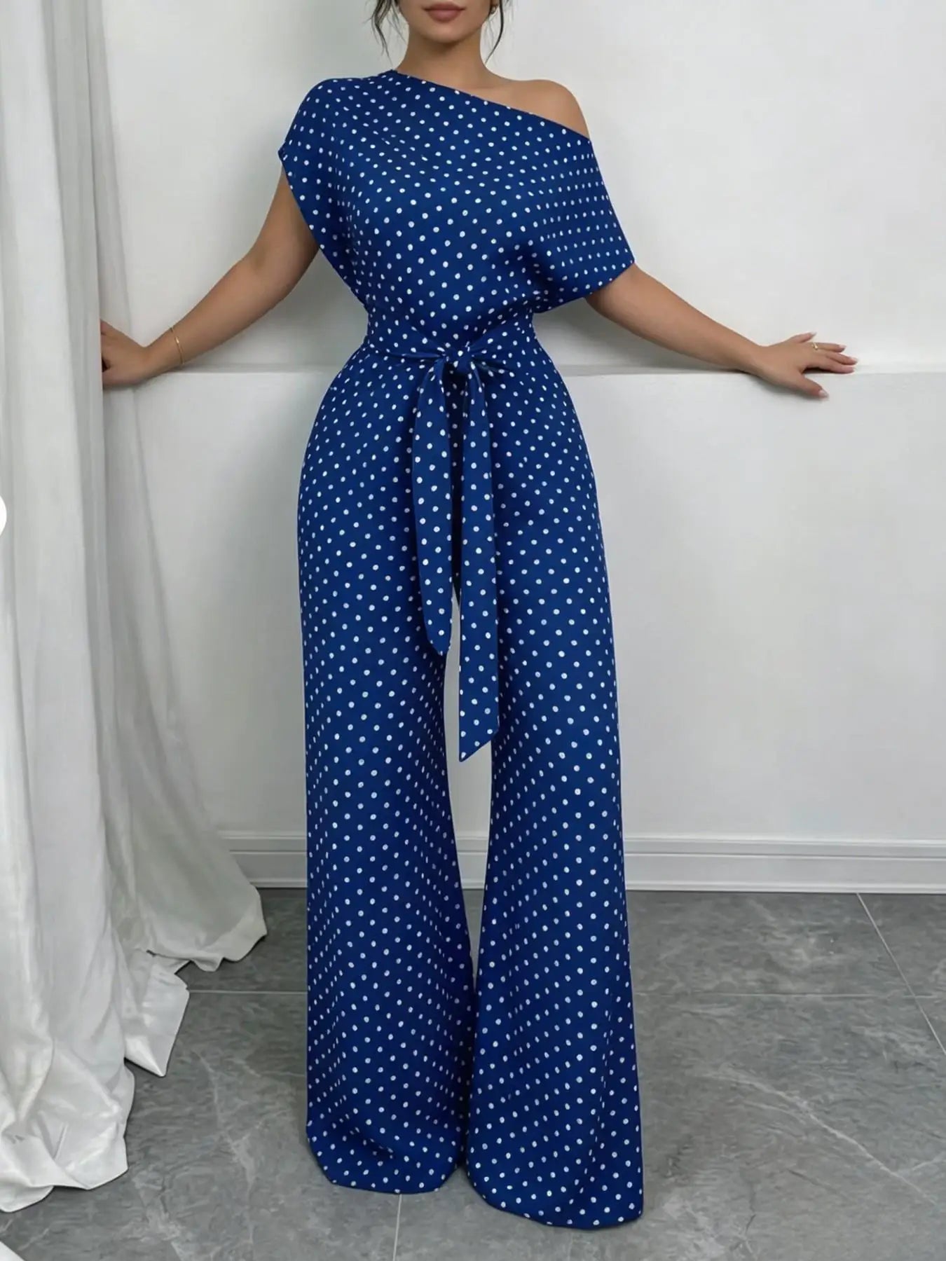Slanted Shoulder Wide Leg Jumpsuit