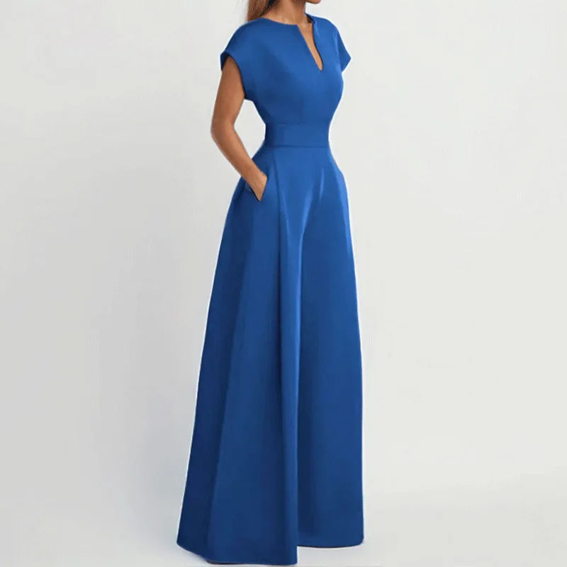 Women's V-Neck Short Sleeve High Waist Wide Leg Jumpsuit