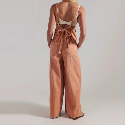 Wide-Leg Denim Overall Jumpsuit