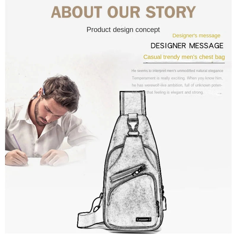 Man working on a laptop with a chest bag displayed next to him, featuring text about product design concept and designer message.