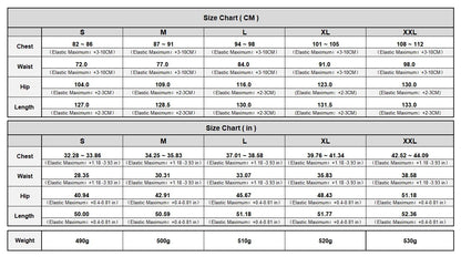 Size chart for clothing measurements in centimeters and inches.