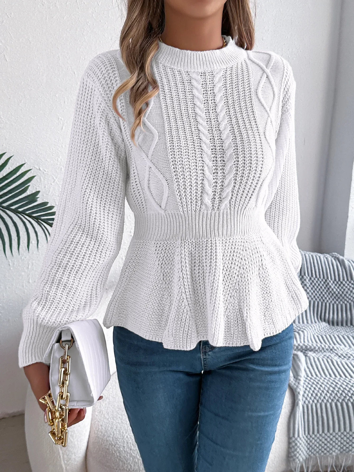 Chic Peplum Cable Knit Pullover Sweater