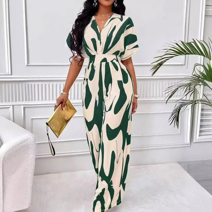 Elegant Printed Batwing Sleeve Jumpsuit