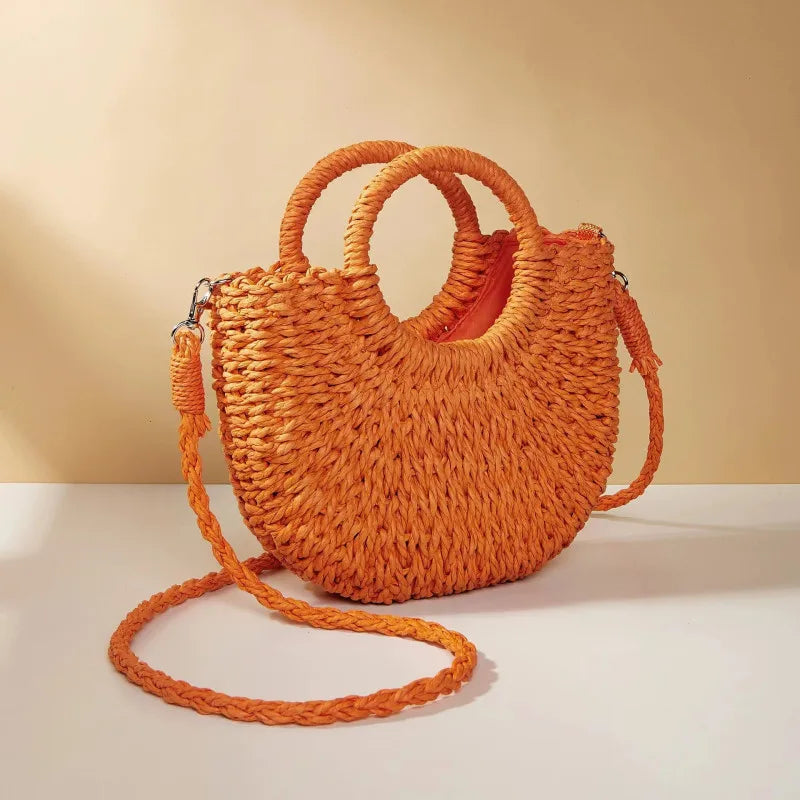 Handwoven Straw Half-Moon Bag