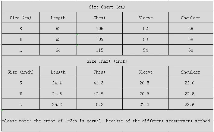 Size chart for clothing measurements in centimeters and inches.
