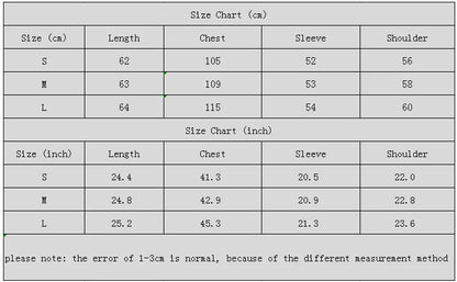 Size chart for clothing measurements in centimeters and inches.
