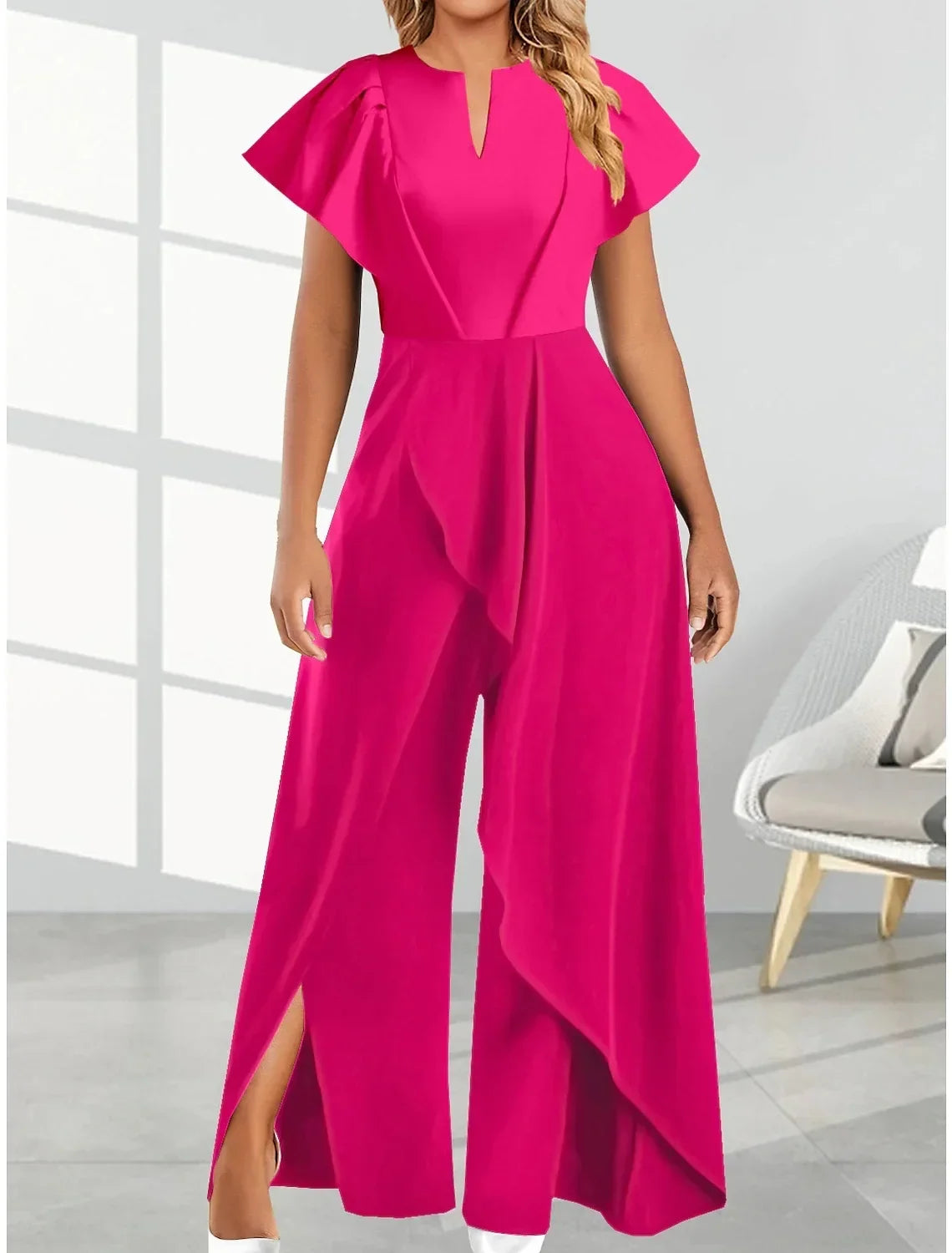 Women's Elegant Wide Leg Jumpsuit Rose Red / S