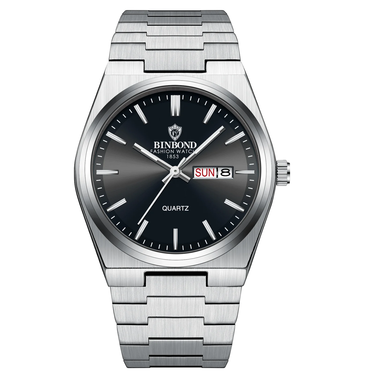 Silver watch with black dial on a white background
