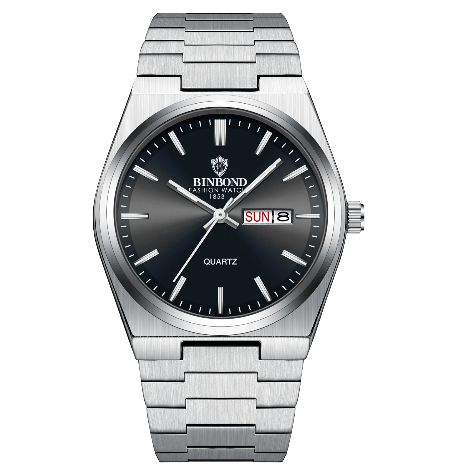 Silver watch with black dial on a white background