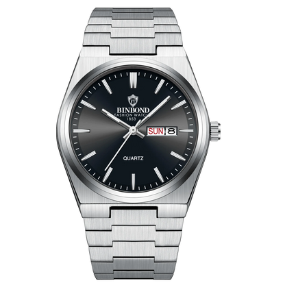 Silver watch with black dial on a white background