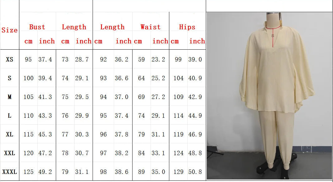 Size chart for clothing with measurements in both centimeters and inches, accompanied by a mannequin wearing beige clothing.