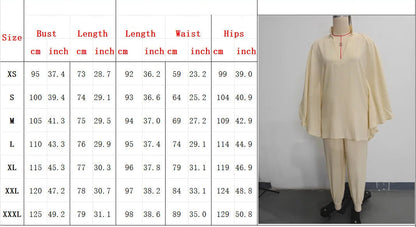 Size chart for clothing with measurements in both centimeters and inches, accompanied by a mannequin wearing beige clothing.