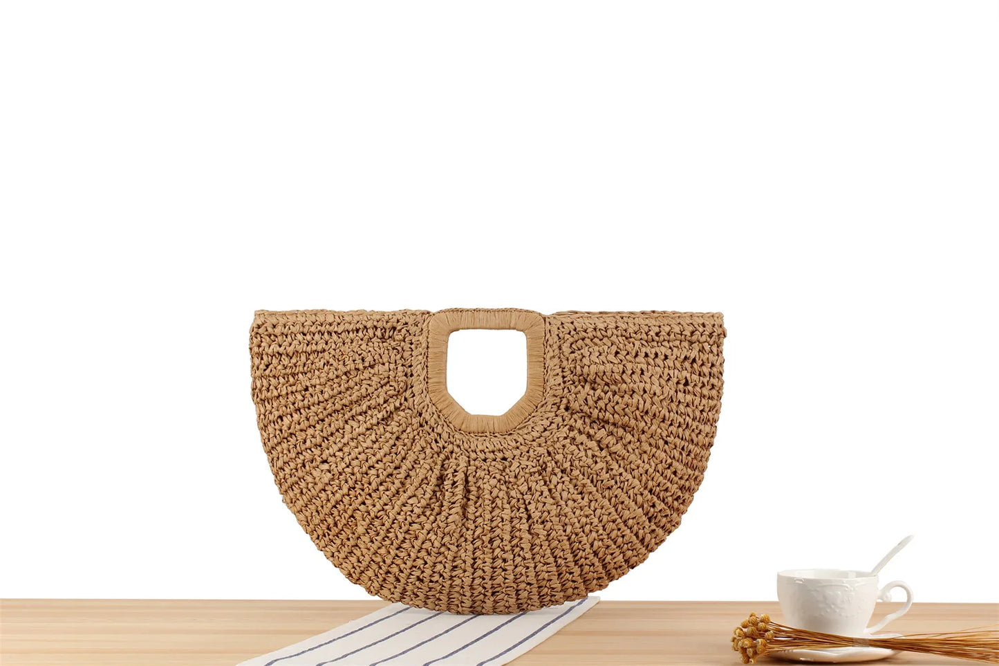 Handmade Half Moon Straw Tote Bag