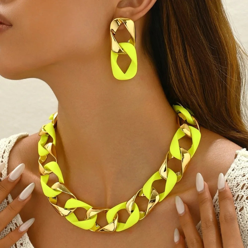 Chunky Dual-Texture Interlocking Link Chain Necklace & Earring Set