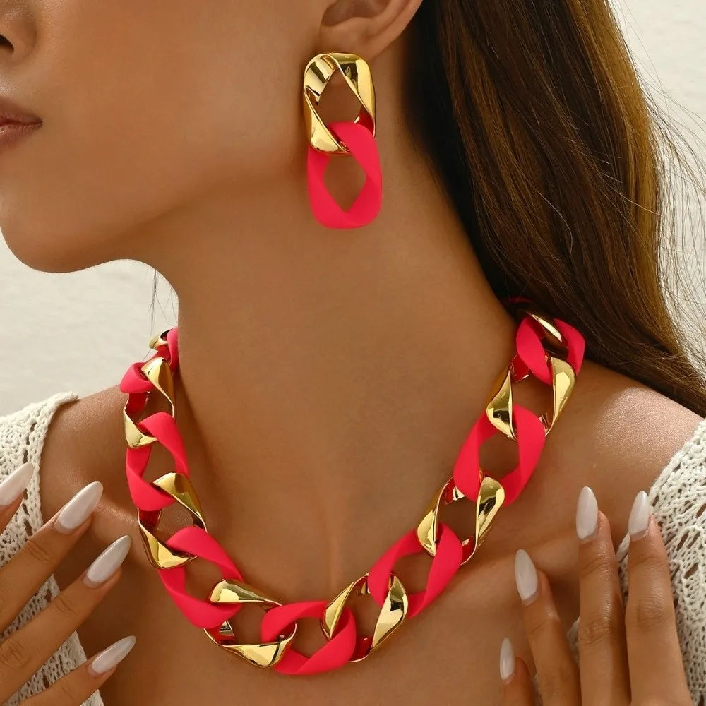 Chunky Dual-Texture Interlocking Link Chain Necklace & Earring Set