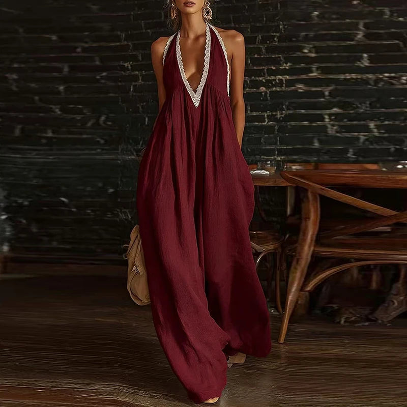 Halter Backless Wide-Leg Boho Jumpsuit