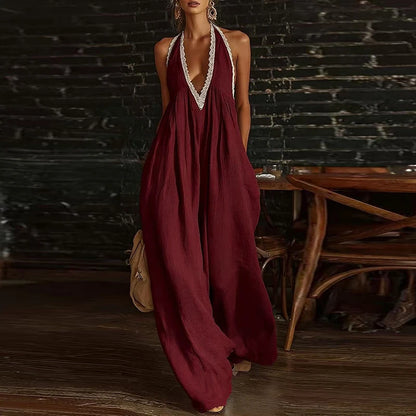 Halter Backless Wide-Leg Boho Jumpsuit