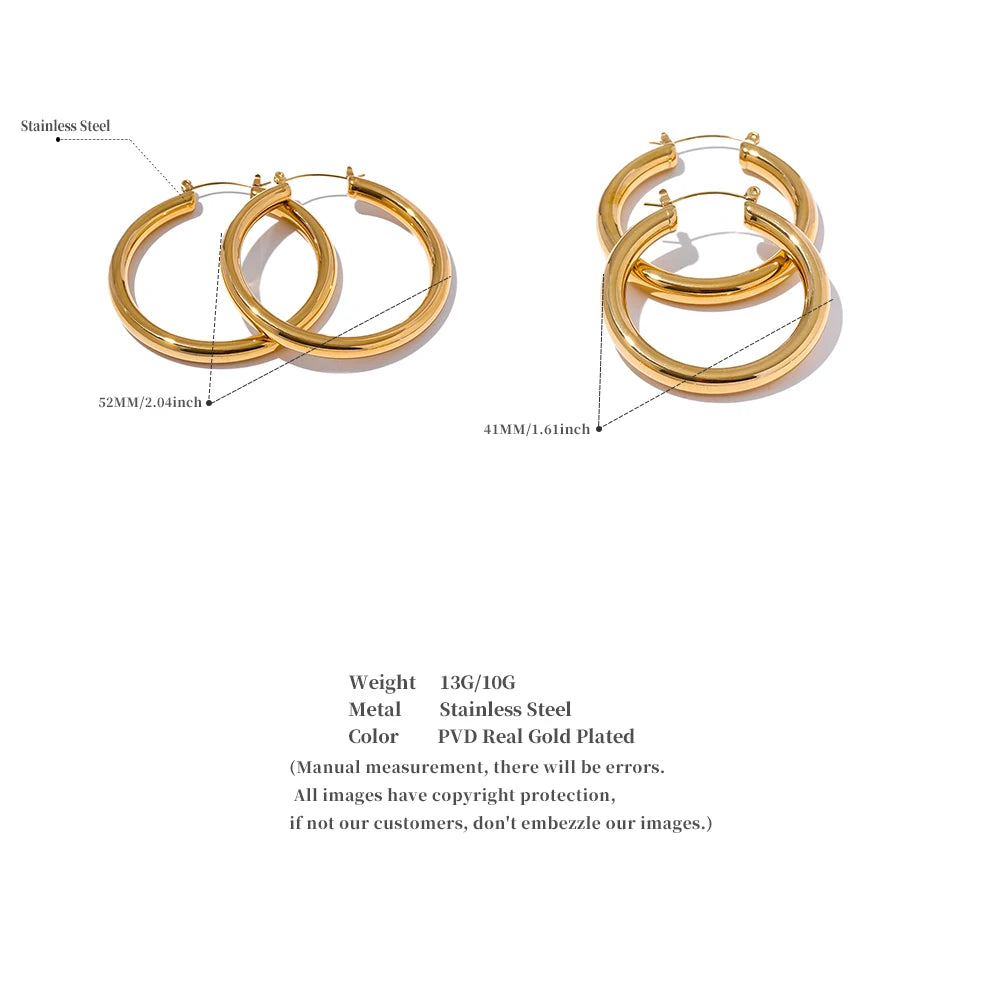 Gold hoop earrings with measurements and product details on a white background