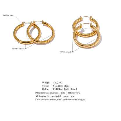 Gold hoop earrings with measurements and product details on a white background