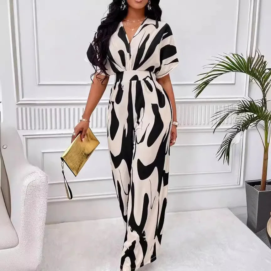 Elegant Printed Batwing Sleeve Jumpsuit