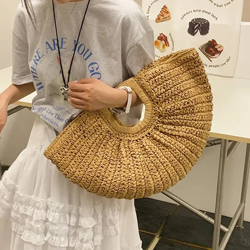 Handmade Half Moon Straw Tote Bag