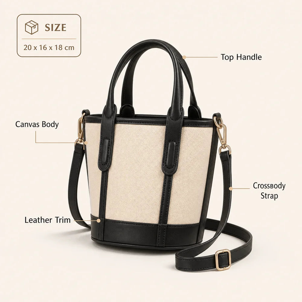A structured handbag with a cream canvas body, black leather trim and handles, and a black crossbody strap with gold-tone hardware. The image includes a size label (20 x 16 x 18 cm) and callout lines identifying the top handle, canvas body, leather trim, and crossbody strap.