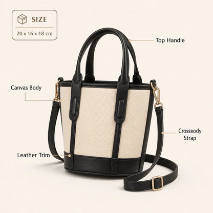 A structured handbag with a cream canvas body, black leather trim and handles, and a black crossbody strap with gold-tone hardware. The image includes a size label (20 x 16 x 18 cm) and callout lines identifying the top handle, canvas body, leather trim, and crossbody strap.