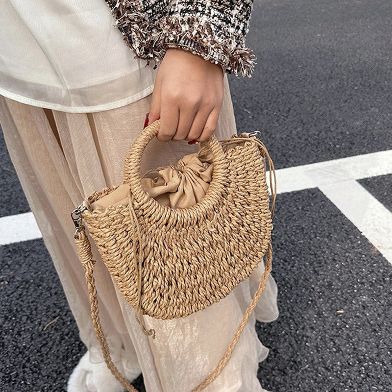 Handwoven Straw Half-Moon Bag