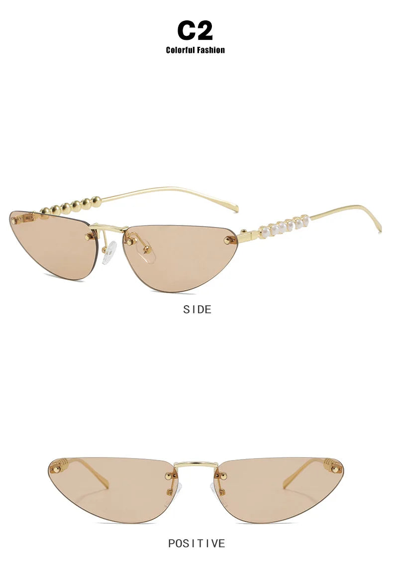 Gold cat-eye sunglasses with a side and positive view on a white background.