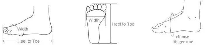Diagram showing how to measure foot width and length for shoe size.
