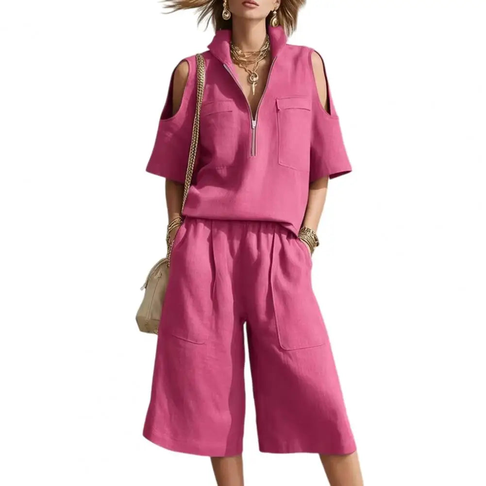 Cold Shoulder Zip Two-Piece Linen Set