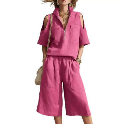 Cold Shoulder Zip Two-Piece Linen Set