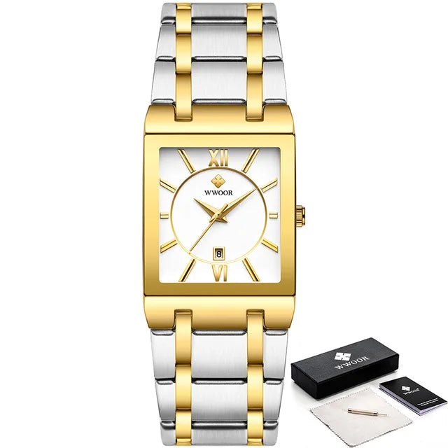 Gold and silver watch with WWOOR branding on a white background