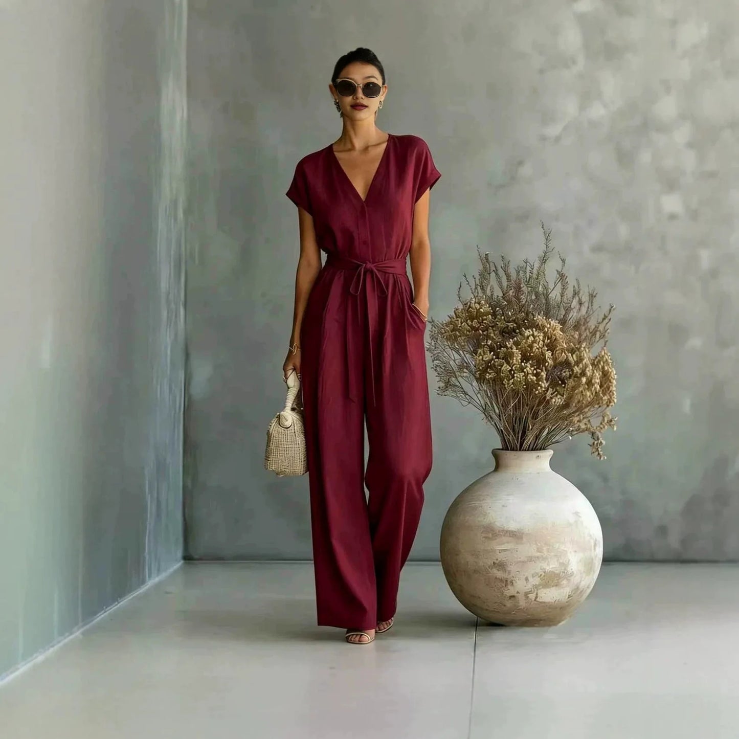 Women's High-Waist Wide-Leg Linen Jumpsuit