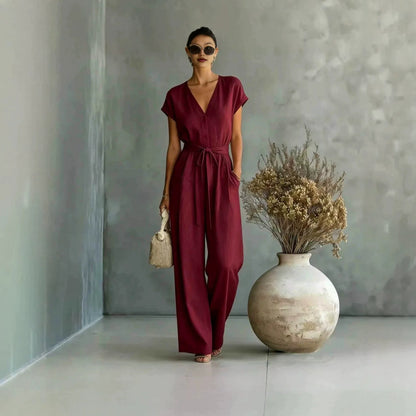 Women's High-Waist Wide-Leg Linen Jumpsuit