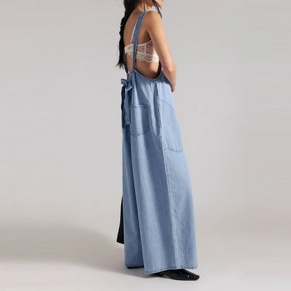 Wide-Leg Denim Overall Jumpsuit
