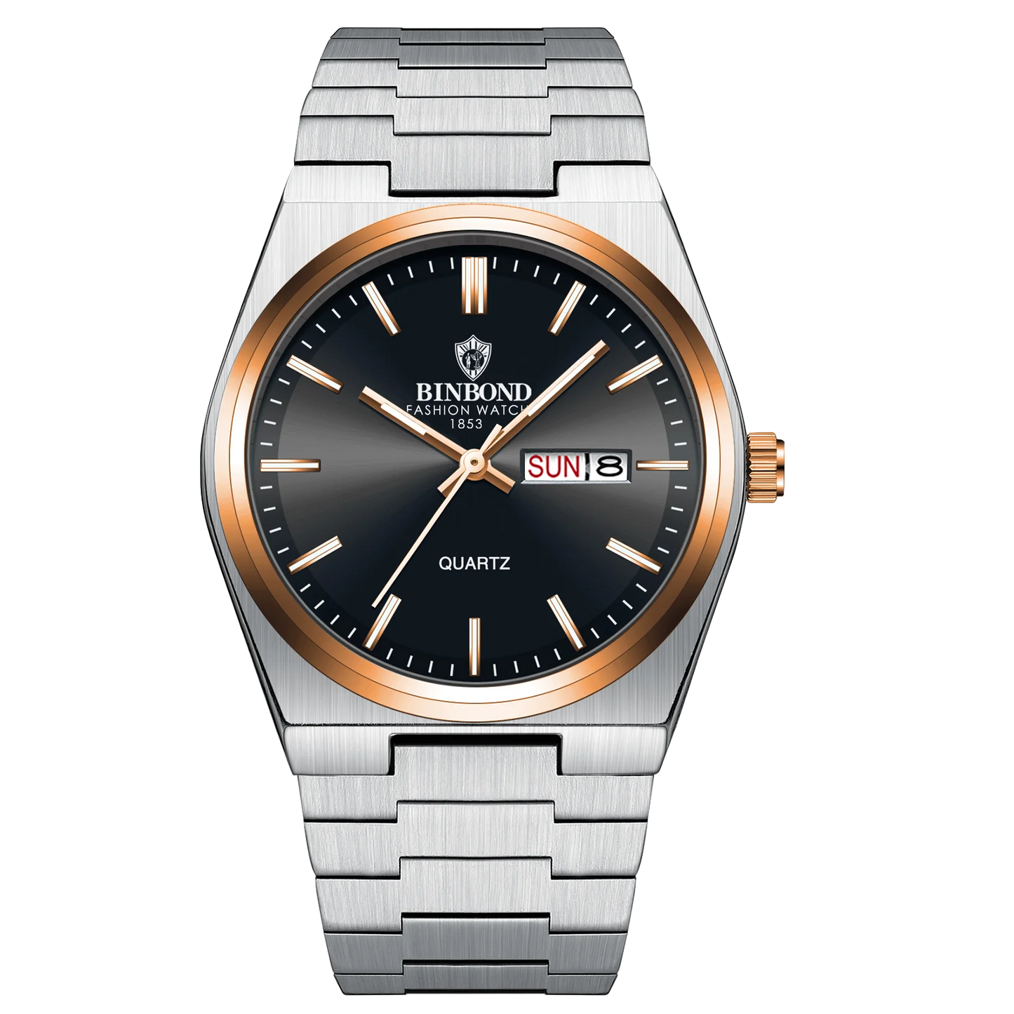 Silver watch with black dial and rose gold accents on a white background