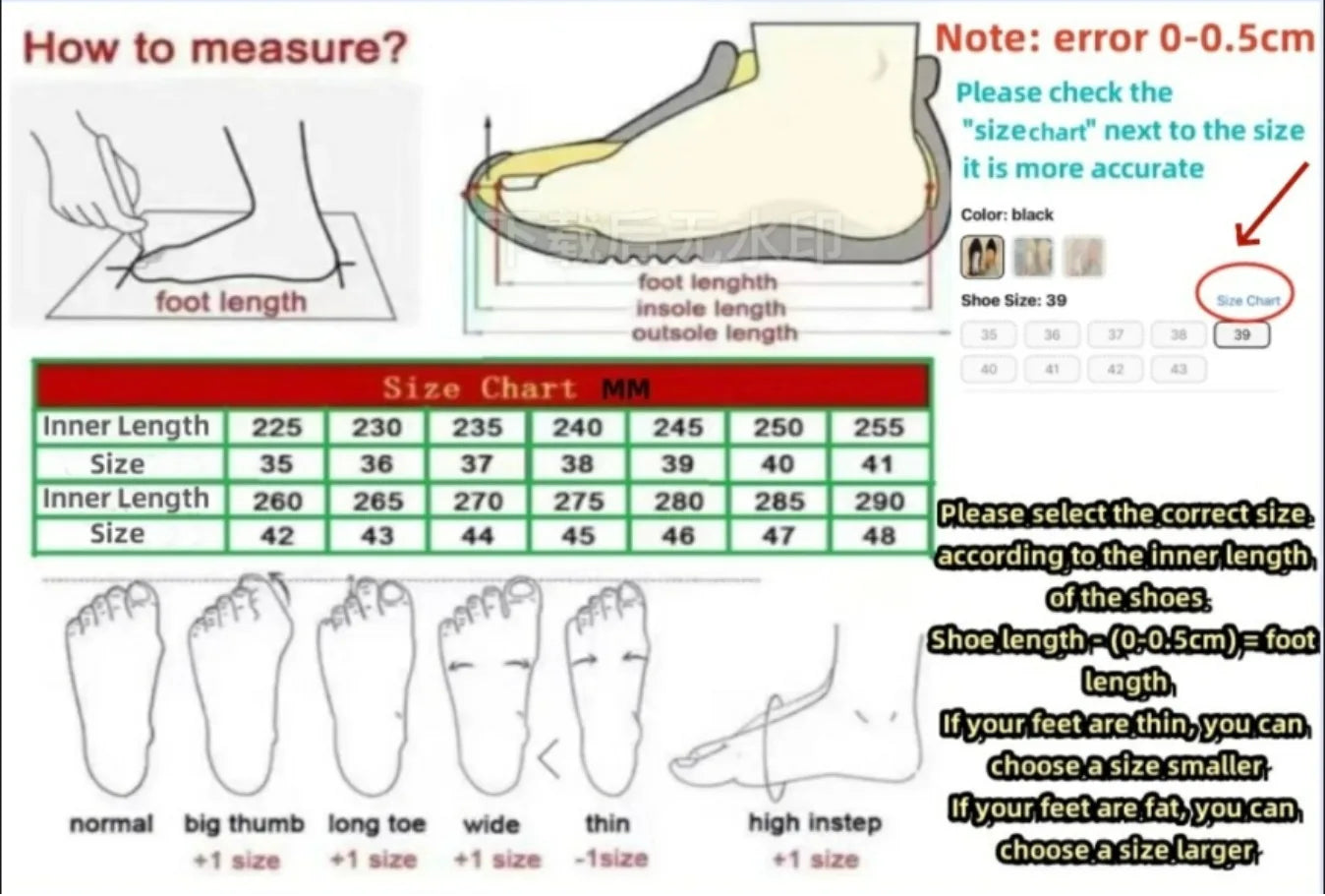 Foot measurement chart and store promotion with text on a blue background