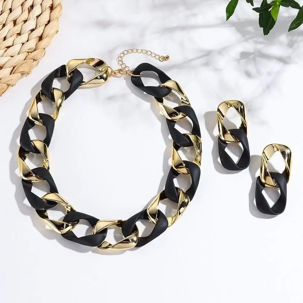 Chunky Dual-Texture Interlocking Link Chain Necklace & Earring Set