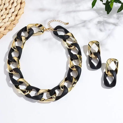 Chunky Dual-Texture Interlocking Link Chain Necklace & Earring Set