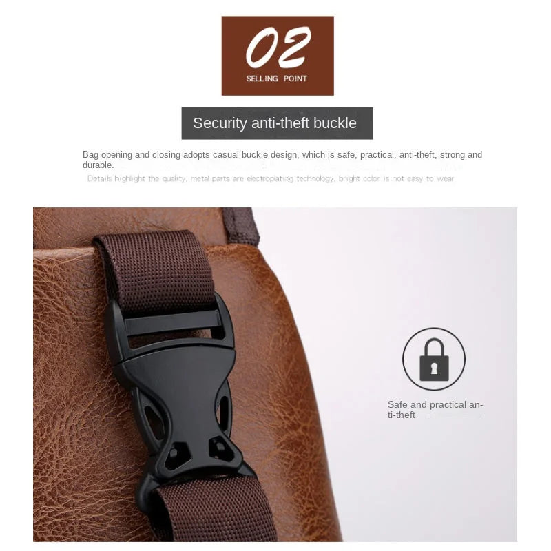 Security anti-theft buckle on a brown leather bag with text highlighting its features.