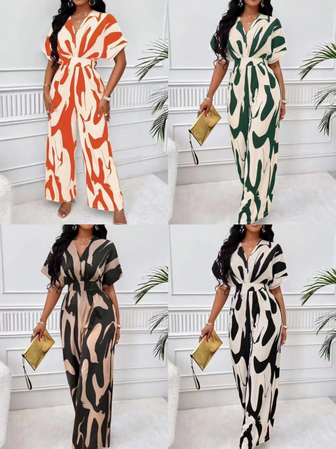 Elegant Printed Batwing Sleeve Jumpsuit