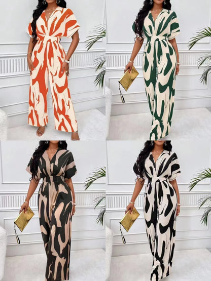 Elegant Printed Batwing Sleeve Jumpsuit