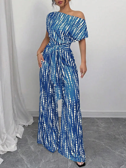 Slanted Shoulder Wide Leg Jumpsuit
