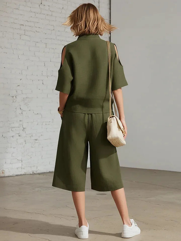 Cold Shoulder Zip Two-Piece Linen Set